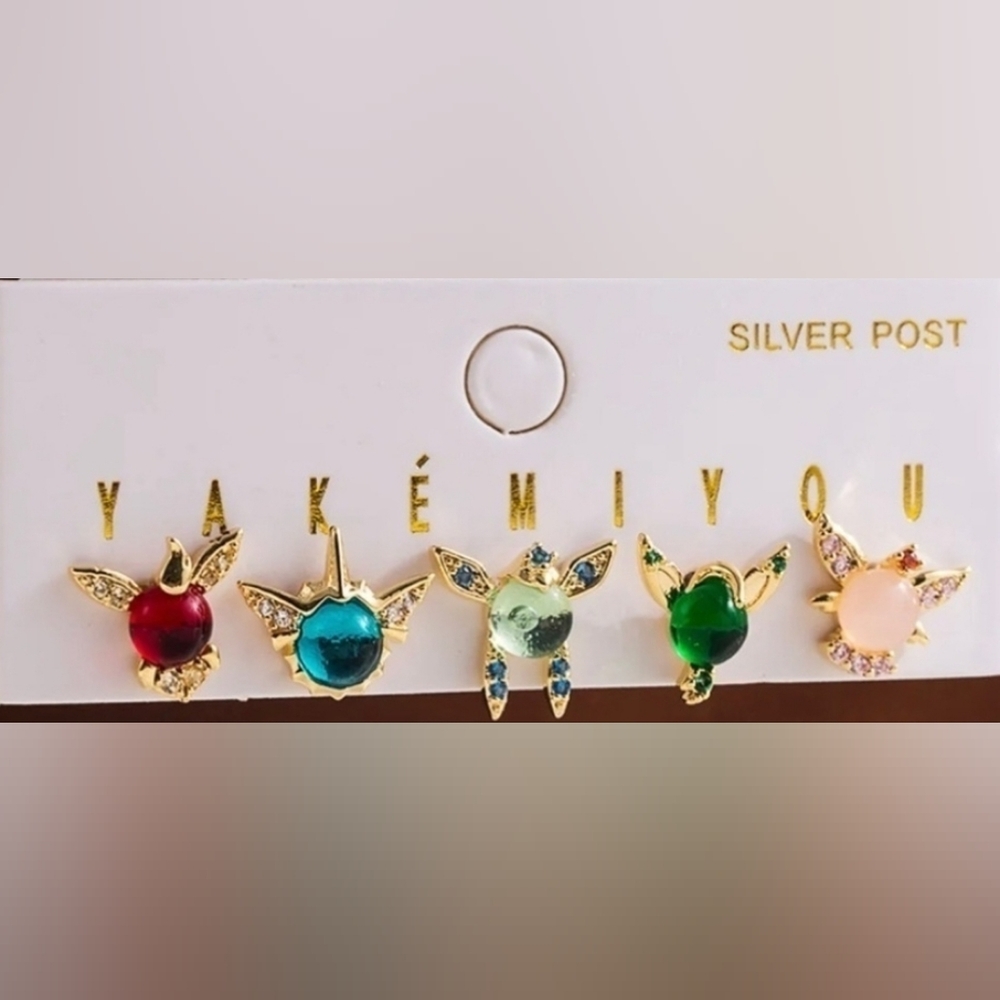 Pokémon Eeveelution Theme 14K Gold Plated Gemstone Mismatch Stud Set